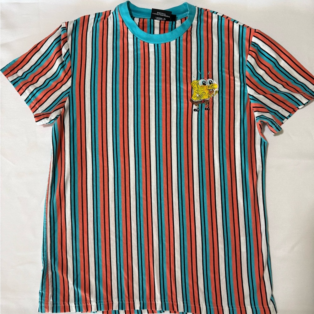 Striped Turquoise & Coral Men’s T-Shirt with spongebob Patch